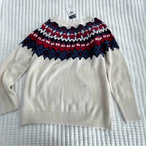Chaps Women’s Sweater Large Oversized Off-white Knit Ski Fair-Isle Blue Red Soft - Picture 2 of 9